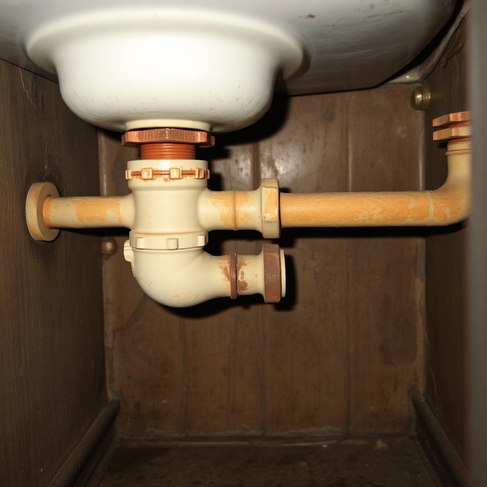 Corroded, leaking waste pipe under an old sink