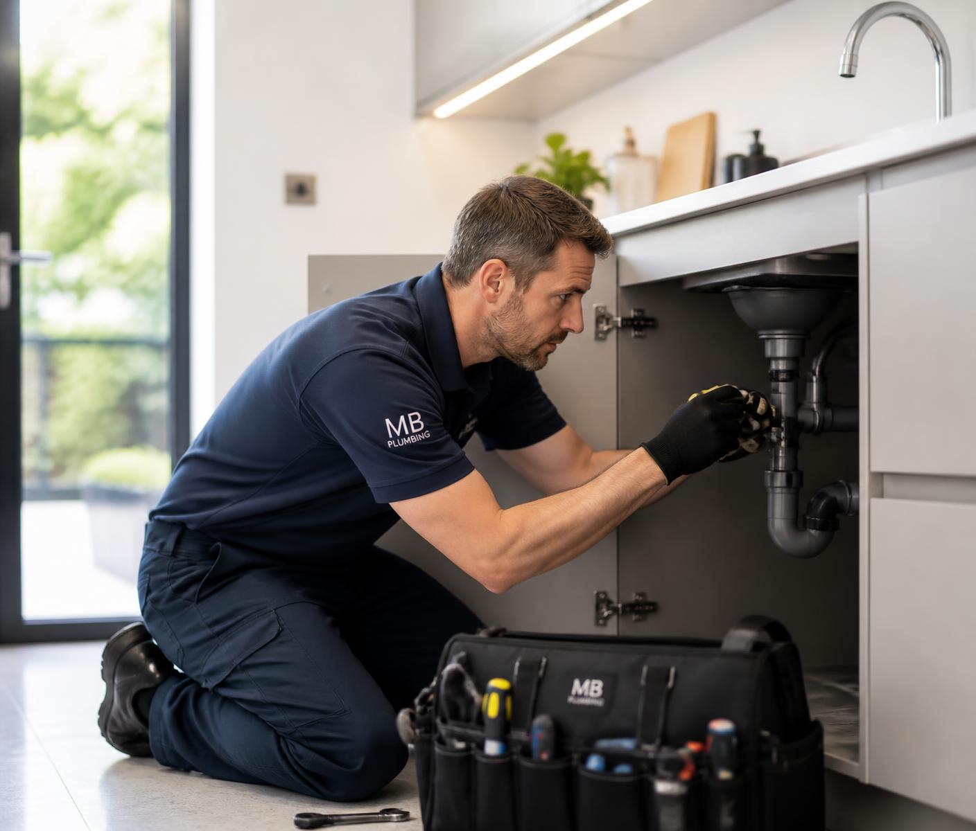 Northfield Plumbing engineer repairing pipework beneath a modern kitchen sink