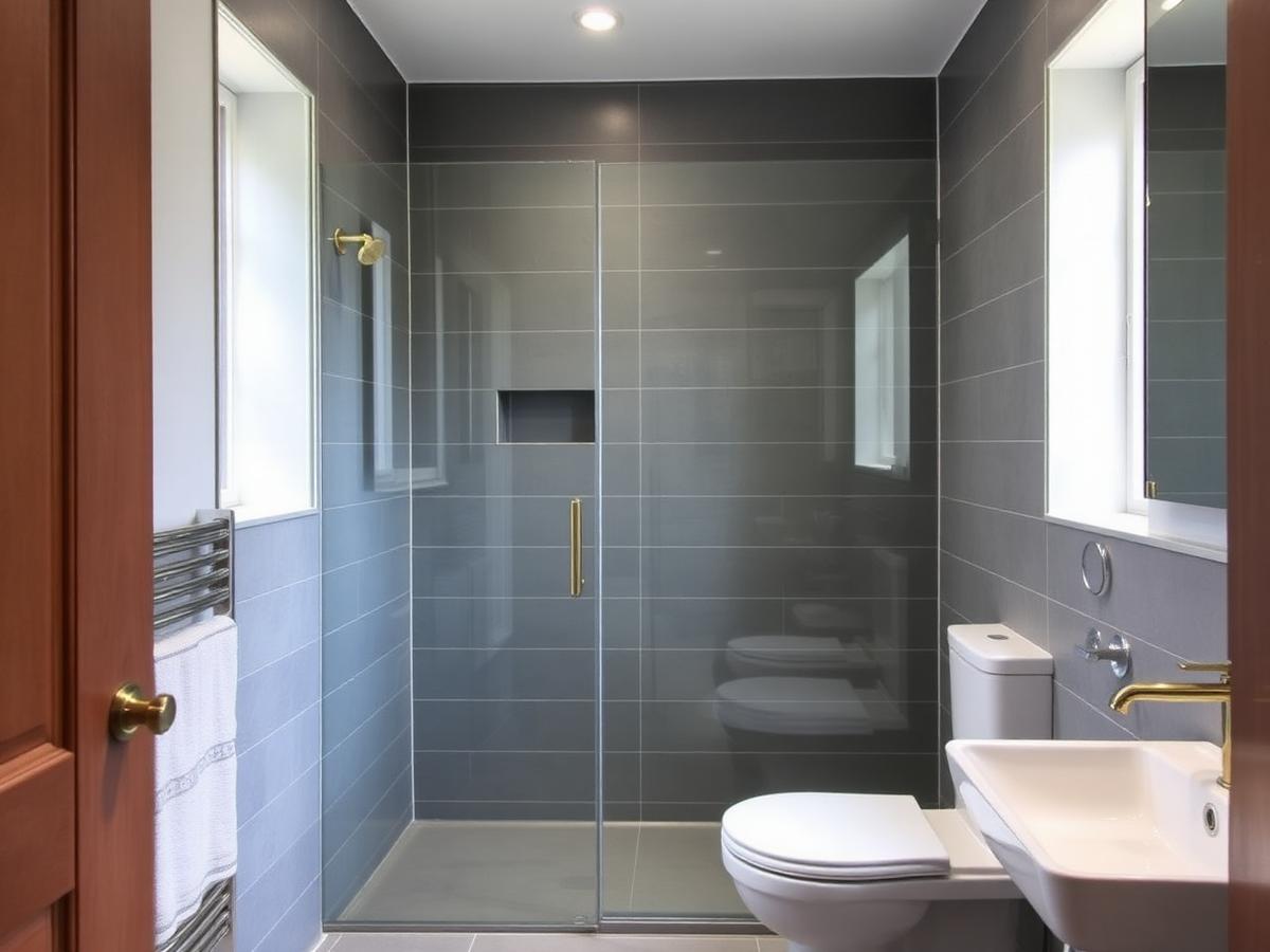 Newly installed grey tiled bathroom with walk-in shower