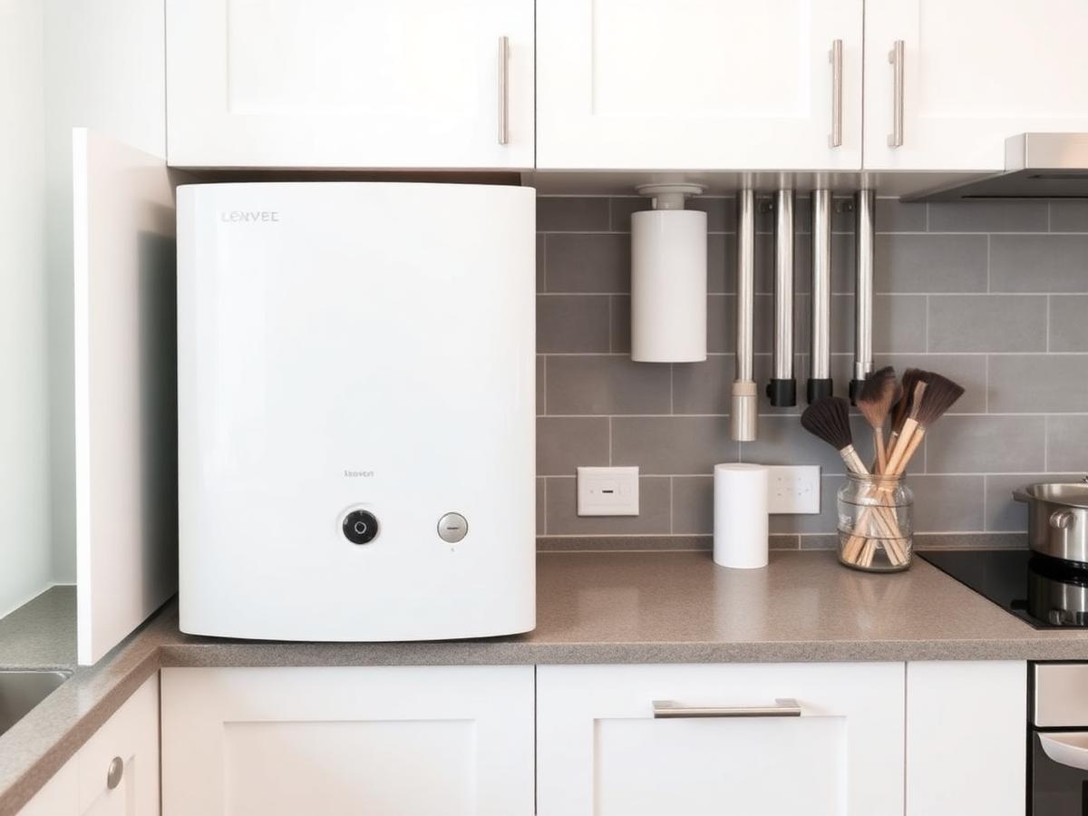 New combi boiler fitted inside a white kitchen cupboard