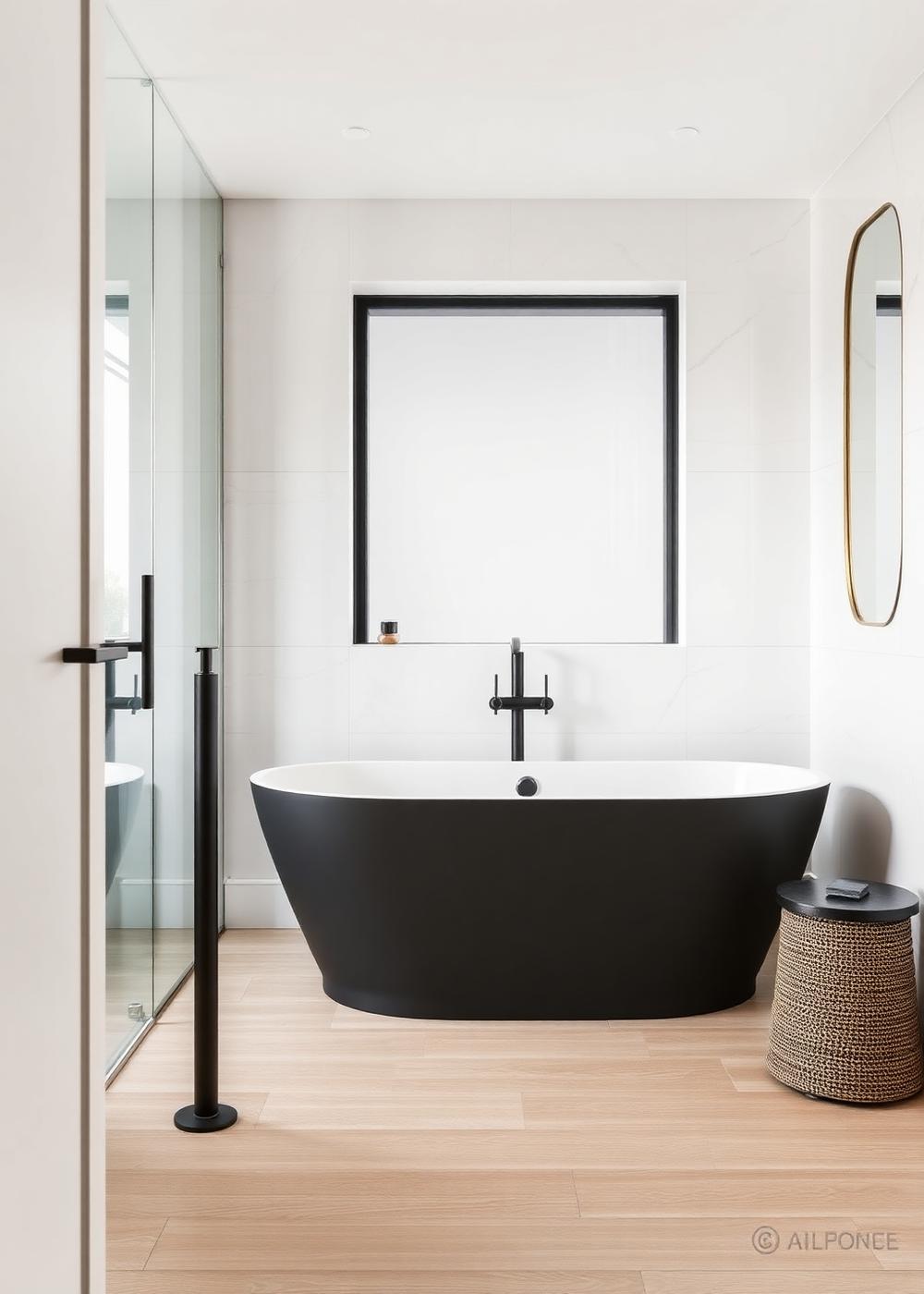 Modern ensuite with freestanding bath and black taps
