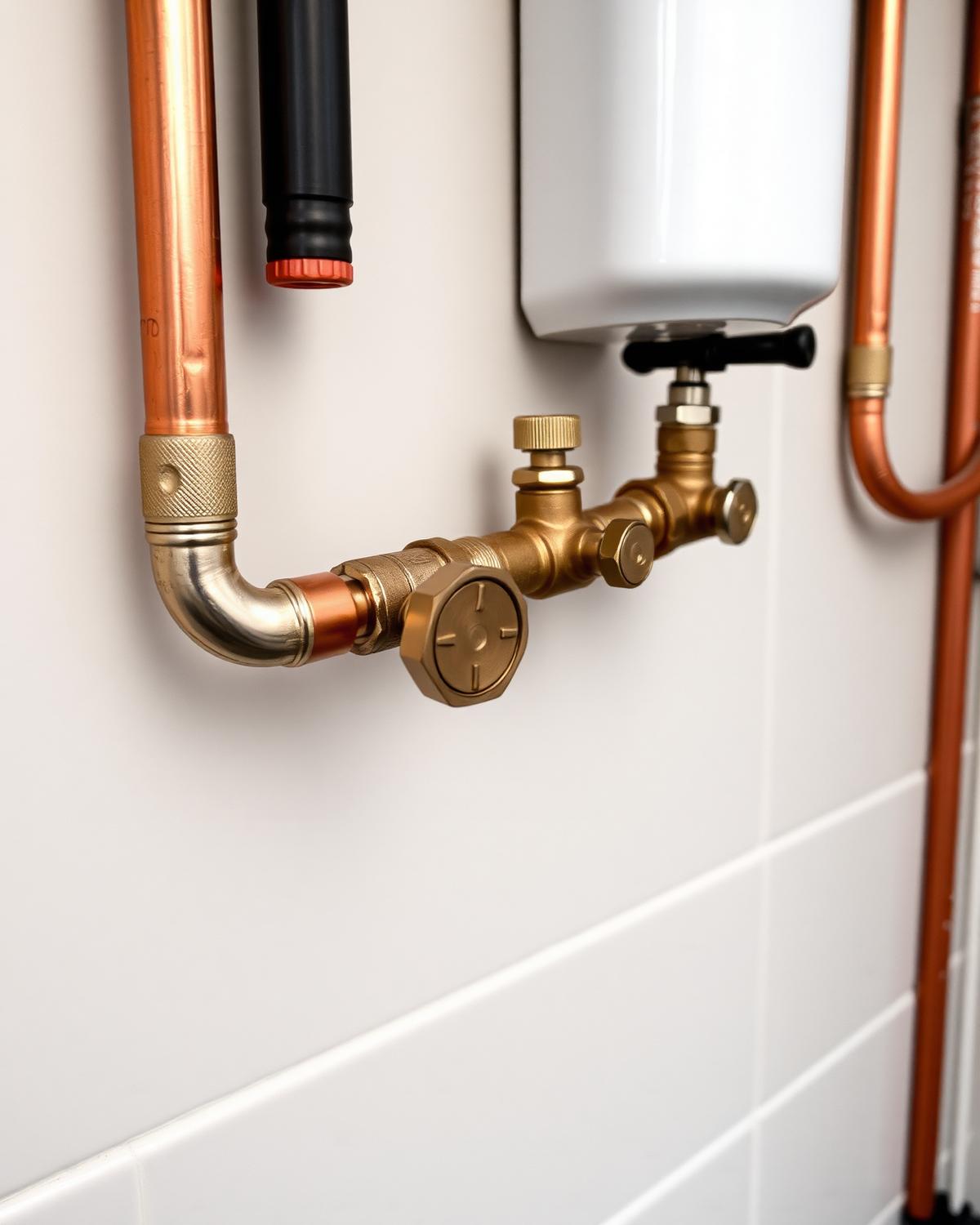 Neatly installed copper pipework and brass valves